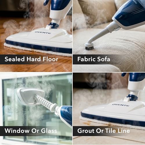 OVENTE 10-in-1 Steam Mop with Detachable Handheld Steamer, Foldable Handle and 400ml Removable Water Tank, MultiPurpose Home Cleaner for Tile Grout, Hardwood Floors, Carpet and Furniture, Blue ST505BL
