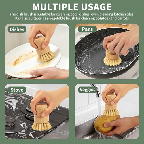 2 Pack Bamboo Dish Brush with Drain Holder - Natural Scrub Brush for Dish with Sisal Bristle, Wooden Dish Scrubber for Kitchen Cleaning Dishes, Pots, Pans and Vegetables
