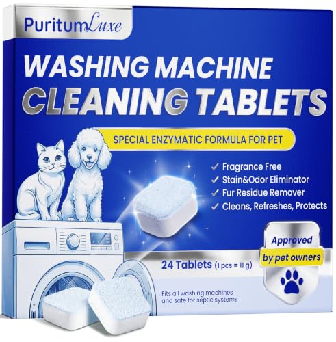 Washing Machine Cleaning Tablets for Pet Owners to Remove Pet Hair, Odor, Grime Buildup – Enzymatic Washing Machine Cleaner Tablets for HE, Front, Top Load Washers – Septic System Safe – 24 pcs