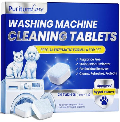 Washing Machine Cleaning Tablets for Pet Owners to Remove Pet Hair, Odor, Grime Buildup – Enzymatic Washing Machine Cleaner Tablets for HE, Front, Top Load Washers – Septic System Safe – 24 pcs