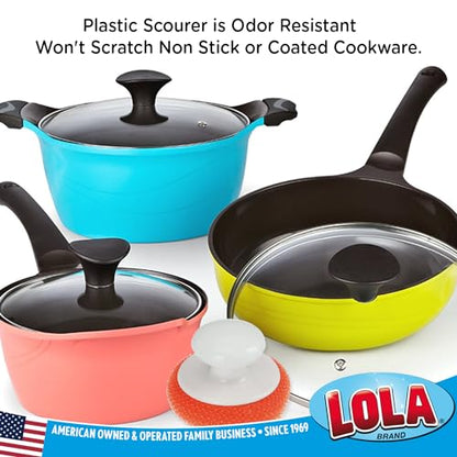 LOLA Plastic Mesh Non-Scratch Scouring Pad, 6 Pack, Hand Saving Comfort Knob, Red, Blue or Yellow It's Random, Clean Pots, Pans, Sinks - size: 6 Pack, style: Standard with knob