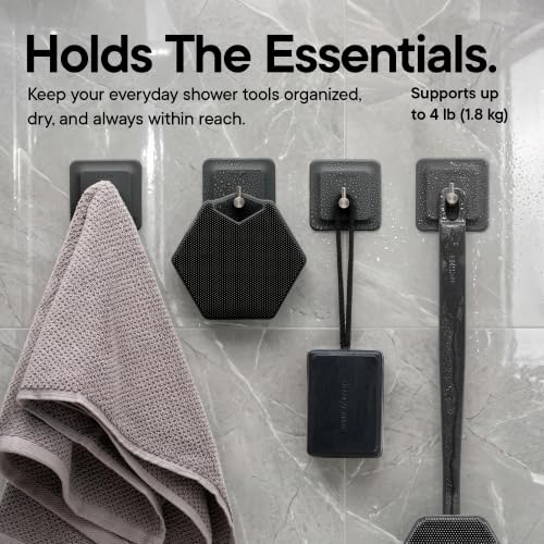 TOOLETRIES Arnold Silicone Shower Hook, Adhesive Hooks for Inside Shower, Waterproof Bathroom Organizer for Scrubbers, Loofahs, Towels & Bathroom Accessories, Removable & Reusable - Charcoal