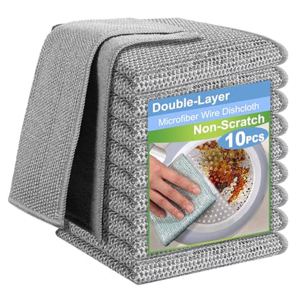 10pcs New Upgrade 2-Layer Microfiber Wire Dishcloth,Non-Scratch Wire Dishwashing Rags for Wet and Dry,Metal Scrubbers, Kitchen Miracle Cleaning Dish Rags for Cookware,Sinks, Dishes,Stove,Grey - color: 10pcs Grey