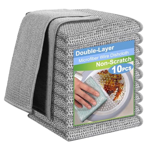 10pcs New Upgrade 2-Layer Microfiber Wire Dishcloth,Non-Scratch Wire Dishwashing Rags for Wet and Dry,Metal Scrubbers, Kitchen Miracle Cleaning Dish Rags for Cookware,Sinks, Dishes,Stove,Grey - color: 10pcs Grey