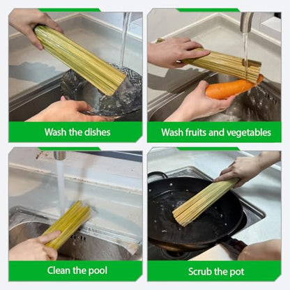 2-Pack Natural Bamboo Cleaning Brush Set Heavy Duty Wok Scrubber for Cast Iron Pans, BBQ Grills & Pots Stubborn Stain Remover, Kitchen Scrub Brush