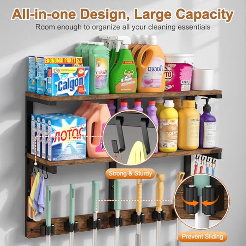 Housolution 2 Tier Broom Holder Wall Mount with Cleaning Supplies Organizer, 100 LBS High Load-Bearing Laundry Room Storage Shelves, Multifunctional Mop Hanger Rack with 7 Grippers & 8 Hooks - size: 7 Grippers with 2 Tier Shelf