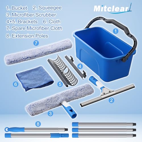 Mitclear Professional Window Cleaning Kit with Bucket 3 Gallon, 14" Window Squeegee Microfiber Scrubber with 77" Long Handle, Window Washing Equipment Cleaner Tools for Home Outdoor Car Commercial Use - style: Window Cleaning Kit with Poles