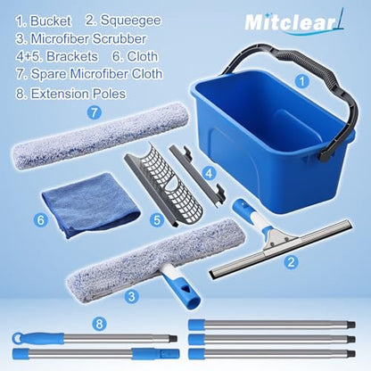 Mitclear Professional Window Cleaning Kit with Bucket 3 Gallon, 14" Window Squeegee Microfiber Scrubber with 77" Long Handle, Window Washing Equipment Cleaner Tools for Home Outdoor Car Commercial Use - style: Window Cleaning Kit with Poles