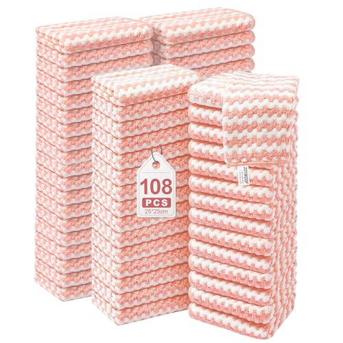 JOYMOOP 108 Packs Microfiber Cleaning Cloths, 10" x 10" Reusable Kitchen Towels, Lint-Free Cleaning Rags, Super Absorbent Cleaning Cloths for Kitchen, Car, and Household Cleaning, Pink - color: Pink, size: 10"x10" - 108pcs