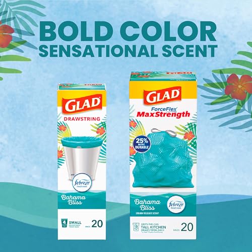 Glad Small Trash Bags, Great for Office, Bathrooms and Bedroom Bins, Bahama Bliss Scented Garbage Bags, Odor Resistant with Drawstring, Febreze Freshness, 4 Gallon Trash Bags, 80 Count - size: 80 Count (Pack of 1)