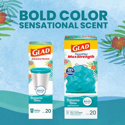 Glad Small Trash Bags, Great for Office, Bathrooms and Bedroom Bins, Bahama Bliss Scented Garbage Bags, Odor Resistant with Drawstring, Febreze Freshness, 4 Gallon Trash Bags, 80 Count - size: 80 Count (Pack of 1)