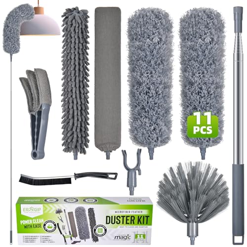Extendable Feather Duster with Extension Pole 30 to 100 Inches, 11 Pcs Cleaning Kit with Microfiber Feather Dusters, Crevice Cleaning Brush, for Cobwebs, Blinds, Furniture, High Ceilings & Cars