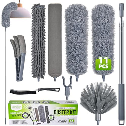 Extendable Feather Duster with Extension Pole 30 to 100 Inches, 11 Pcs Cleaning Kit with Microfiber Feather Dusters, Crevice Cleaning Brush, for Cobwebs, Blinds, Furniture, High Ceilings & Cars