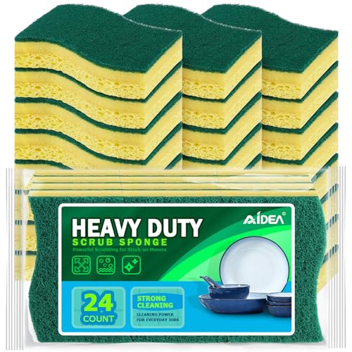 AIDEA Heavy-Duty Scrub Sponges, 24Count, Sponge for Non-Coated Cookware, Kitchen Sponges for Dishes, Scrubbing Power for Tough Messes, Cleaning Sponge for Kitchen, Bathroom, Household - color: Light-green