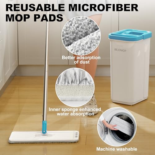 Mop and Bucket Set, Mops for Floor Cleaning Turquoise-Cyan, 60" Long Handle Wall Mop, Squeeze Flat Mop and Bucket System, Dry & Wet Dust Mop for Household Cleaning with 2 Microfiber Mops - size: Mop System (Cyan) - 60" Handle - 2 Total Pads