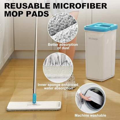 Mop and Bucket Set, Mops for Floor Cleaning Turquoise-Cyan, 60" Long Handle Wall Mop, Squeeze Flat Mop and Bucket System, Dry & Wet Dust Mop for Household Cleaning with 2 Microfiber Mops - size: Mop System (Cyan) - 60" Handle - 2 Total Pads
