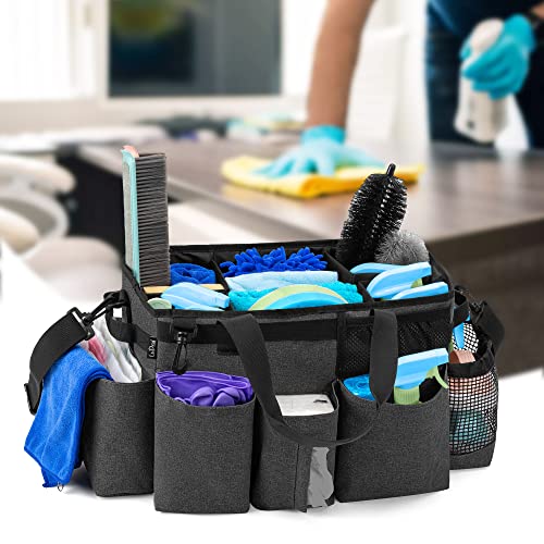 LoDrid Wearable Cleaning Caddy Bag with 4 Foldable Dividers, Cleaning Supply Organizer with Shoulder Strap and Side Handles for Cleaners & Housekeepers, Black - color: Black