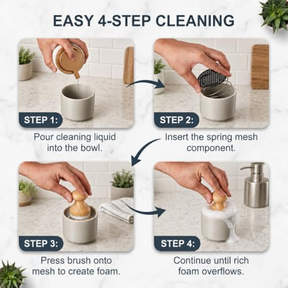 ONEMORE Bamboo Dish Brush with Ceramic Foaming Base, Kitchen Sink Scrub Brush Set with Spring and Mesh Insert, Wooden Handle Dishwashing Brush for Pots Pans Plates Bowls, Gray - color: Gray