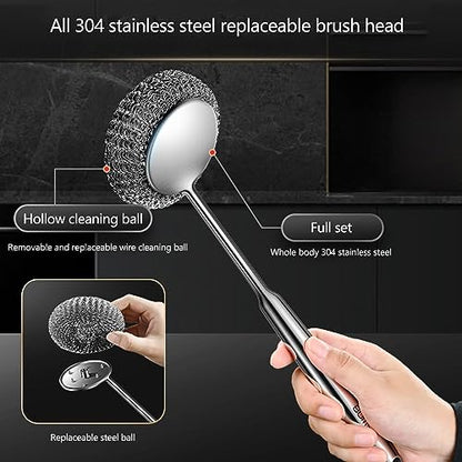 Stainless Steel Scourer Scrub Set with Long Handle Brush+Steel Ball+Screwdriver Metal Scouring Pad Removes Grease, Oil and Dirt Stains from Pots, Dishes and Bakeware (A) - color: A