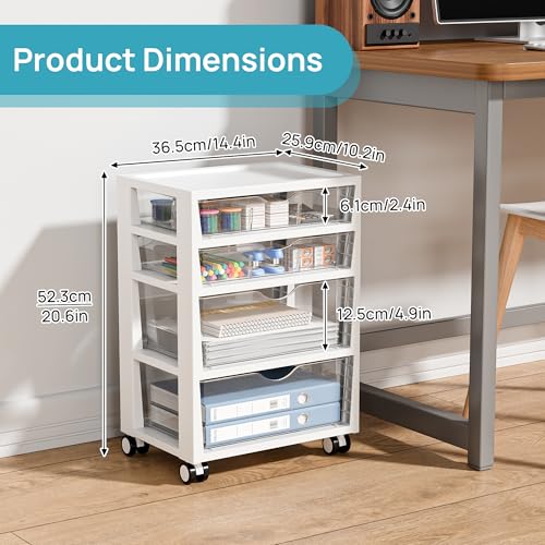 Vtopmart Plastic Drawer Storage Rolling Cart with Wheels, 4-Tier Drawer Organizer for Art Crafts Supplies, Home Office Supplies, Toys, Under Desk Storage for Office, Craft Room, Bedroom, Classroom - style: 4 Tier 4 Drawers