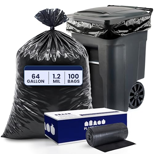 Plasticplace 64-65 Gallon Trash Can Liners for Toter │ 1.2 Mil │ Black Heavy Duty Garbage Bags │ Rolls │ 50” x 60” (100 Count) - size: 100 Count (Pack of 1)