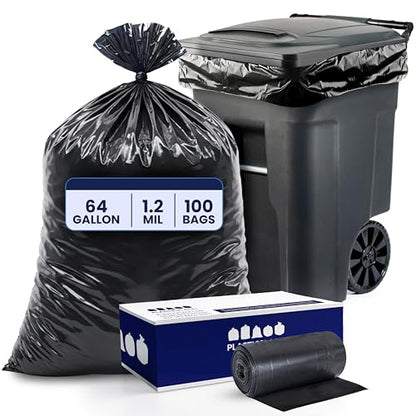 Plasticplace 64-65 Gallon Trash Can Liners for Toter │ 1.2 Mil │ Black Heavy Duty Garbage Bags │ Rolls │ 50” x 60” (100 Count) - size: 100 Count (Pack of 1)
