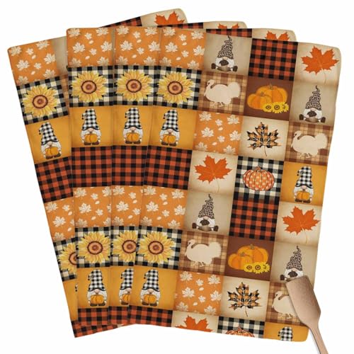 Fall Kitchen Towels Gnome Turkey Pumpkin Thanksgiving Hand Towels Buffalo Check Plaid Dish Towel Cleaning Cloth Soft Absorbent Quick Drying 4 Pack Dish Cloths for Kitchen, Bathroom Autumn Decoration - color: Orange Plaid, size: 4PCS