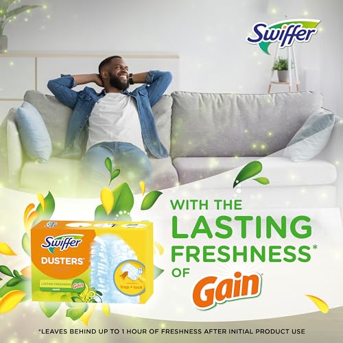 Swiffer Dusters Refill for Cleaning, Made by SWIFFER, Feather & Microfiber Duster Disposable Alternative, for Dusting Furniture, Blinds, Ceiling Fans, Helps Remove Allergens, Gain Scent, 18 Count - size: 18 Count (Pack of 1), style: Gain Scent, 18 Ct