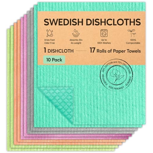 Swedish Dishcloths for Kitchen, 10 Pack Swedish Dish Cloths, Ultra Absorbent Reusable Paper Towels, Cellulose Sponge Cloths, Quick Drying, No Odor, Dishwasher Safe - color: 10 Pack Colorful