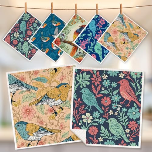 5 Pcs Vintage Bird Swedish Dishcloths, Bird Themed Swedish Dishcloth, Artistic Dish Cloths for Drying Dishes, Reusable Cleaning Cloths, Housewarming Gifts for Women 2 - color: Lm 04237