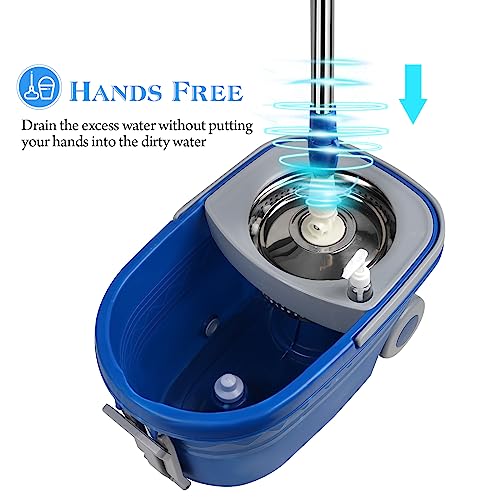 Mop and Bucket with Wringer Set 25QT，Stainless Steel Deluxe 360 Spinning Mop Bucket Floor Cleaning System with 3 Microfiber Replacement Head Refills, 2X Wheel for Home Cleaning with Drain Plug
