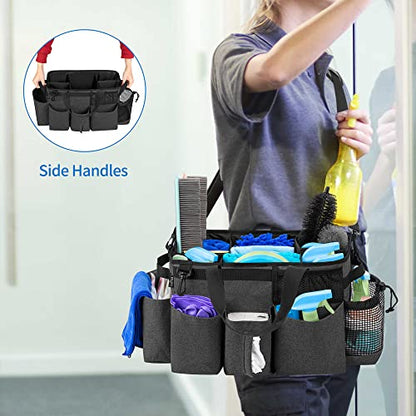 LoDrid Wearable Cleaning Caddy Bag with 4 Foldable Dividers, Cleaning Supply Organizer with Shoulder Strap and Side Handles for Cleaners & Housekeepers, Black - color: Black