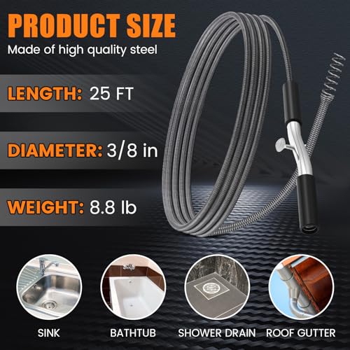 Threlaco 25 ft Drain Auger Plumbing Snake for Heavy Deep Blockages 3/8" Diameter Flexible Plumbing Cables Drain Snake for Kitchen Bathroom Shower Sink Cleaning Drainage Clogs - size: 25 Ft, 3/8" Diameter