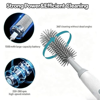 Electric Bottle Brush Set, 6-in-1 Electric Cleaning Brush with Waterproof Silicone Cleaner, 3 Replaceable Brush Heads, Straw Brush & Extension Rod, for Baby Feeding Supplies and Kitchen Utensils - color: Light Grey