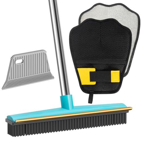 Carpet Rake for Pet Hair Removal, 60" Long Handle Rubber Broom (3 Pack) | Multi-function Pet Hair Removal Tool, Works on Rug Car Mat Pet Bed Furniture, Cleans Dog Cat Fur Efficiently - color: Blue With Black, size: Extra Large