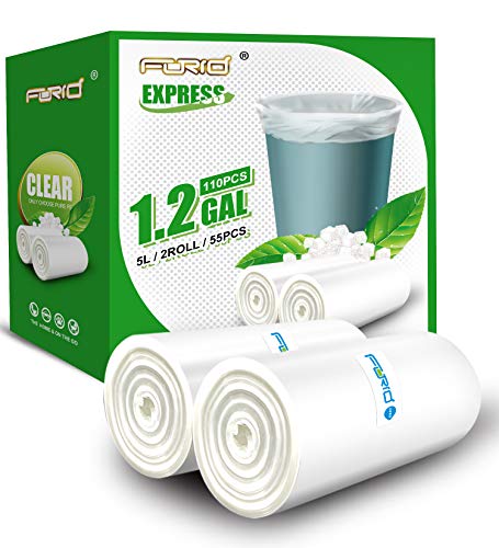 FORID Small Clear Trash Bags, 1.2 Gallon Tiny Garbage Bags, 110 Count Wastebasket Bin Liners for Bathroom Bedroom Office Garbage Can 5 Liters - Thick & Durable Trash Bag - size: 110 Count (Pack of 1), style: Clear 1.2 Gal