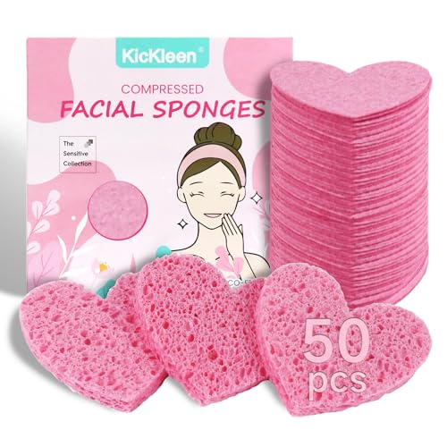 50-Count Kickleen Compressed Cellulose Heart Shape Facial Sponges | Natural Cosmetic Spa Sponges for Facial Cleansing | Exfoliating | Makeup Mask Removal | Reusable | Skin Massage (50 Count (Pink)) - color: 50 Count (Pink)