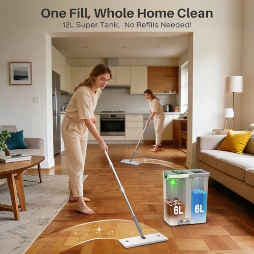 Mop and Bucket Set with AUTO Pump, 3-Zone Separate Dirty and Clean Water, Flat Mop and Bucket System with Wringer and Wheels, 4 Reusable Microfiber Pads, One-Touch Water Filling for Home Cleaning - size: mop bucket set + 4 pads