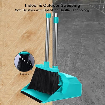 Tiumso Upgrade Broom with Dustpan Combo Set, Broom and Dustpan Set with 51'' Long Handle, Large Upright Brooms and Dust Pans, ZeroGap Lip, Self-Cleaning Dustpan Teeth for Lobby and Restaurant - Blue - color: Blue