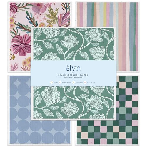 ELYN Swedish Dishcloths, Reusable & Washable Sponge Cloths, Absorbent Cleaning Paper Towels for Kitchen, Dishes, Counters and More, 5 Pack, Painted Petals Pattern - color: Painted Petals & Patterns