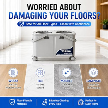 RinseWise Compact Gen 1 Spin Mop and Bucket with Wringer, 1.5 Gal Clean Water Capacity, Clean & Dirty Water Separation, 4 Swivel Wheels, 61" Long Handle, 6 Mop Heads for Daily Floor Cleaning
