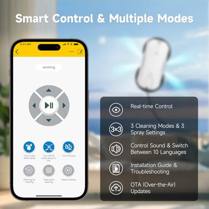 FMART T11 Window Cleaning Robot, Auto 4-Way Water Spray, 5300Pa Strong Suction, High-Speed Cleaning, <60dB Ultra-Quiet, 60mm Slim Window Robot, Smart Navigation, Anti-Drop & 50min UPS Protection