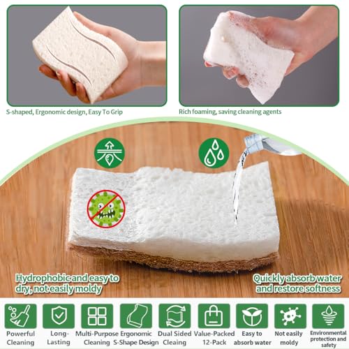 Sponges Kitchen Natural Dish Sponge Plant-Based Biodegradable Compostable Cellulose with Coconut Scrubber Sponge Non Scratch Eco Friendly Kitchen sponges for Kitchen Dishes（Pack of 12） - size: Pack of 12