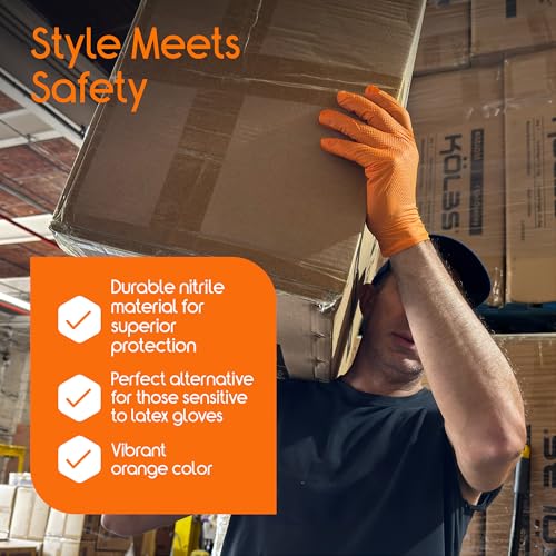 Inspire Heavy Duty Orange Nitrile Gloves | ULTRA 8 Mil Diamond Textured Grip | Industrial Mechanic Disposable Cleaning Gloves - size: Medium