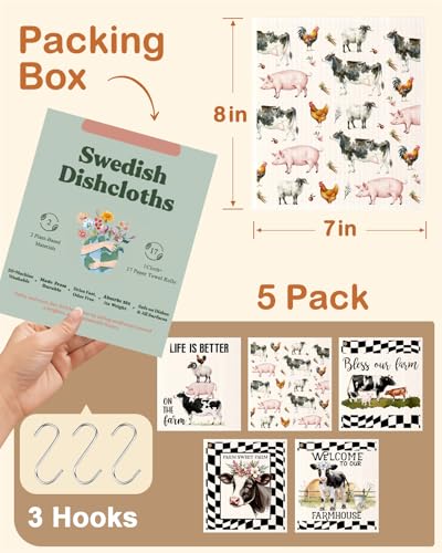 Miss Adola Swedish Dishcloths for Kitchen with Hooks - Reusable Dish Cloths for Washing Dishes Fast Drying Cute Fun 5 Pack Swedish Dish Towels Washable Cleaning Sponge, Black White Farm - color: Black White Farm