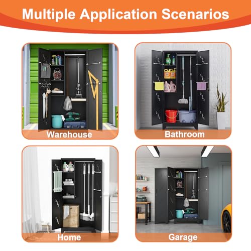 75" Metal Garage Storage Cabinet, Cleaning Tool Storage Cabinet, Utility Garage Storage Broom Closet with Doors, Hanging Rod (Black, Door-2)