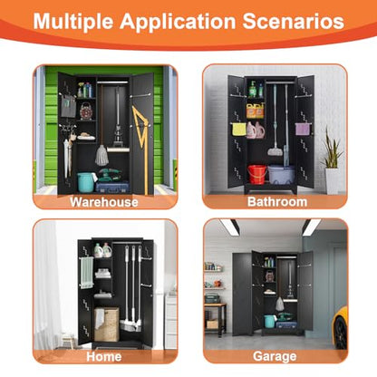 75" Metal Garage Storage Cabinet, Cleaning Tool Storage Cabinet, Utility Garage Storage Broom Closet with Doors, Hanging Rod (Black, Door-2)