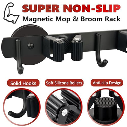 ULIBERMAGNET Magnetic Mop Broom Holder,Heavy Duty Movable Magnetic Broom Holder Rack,Anti-slip Wall Mounted Utility Storage Mop Shovel Hanger for Garage, Kitchen, Laundry, Garden(3 Racks / 4 Hooks) - style: 1 SET 3 Slot / 4 Hooks Magnetic Mop Rack