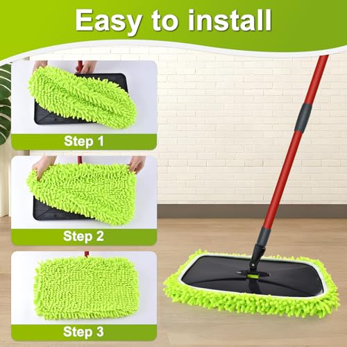 Mops for Floor Cleaning, Dust Mop for Hardwood Floors, Extra Large Floor Mop with Extendable Handle and 3 Reusable Chenille Mop Pads, Flat Dust Mops for Hardwood, Marble, Vinyl, Tile Floors Cleaning