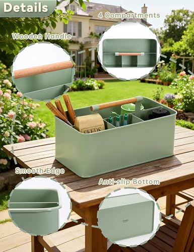 Gardening Tool Caddy, Garden Tool Basket with 4 Compartments, Metal Garden Caddy with Wooden Handle for Indoor & Outdoor - color: Green